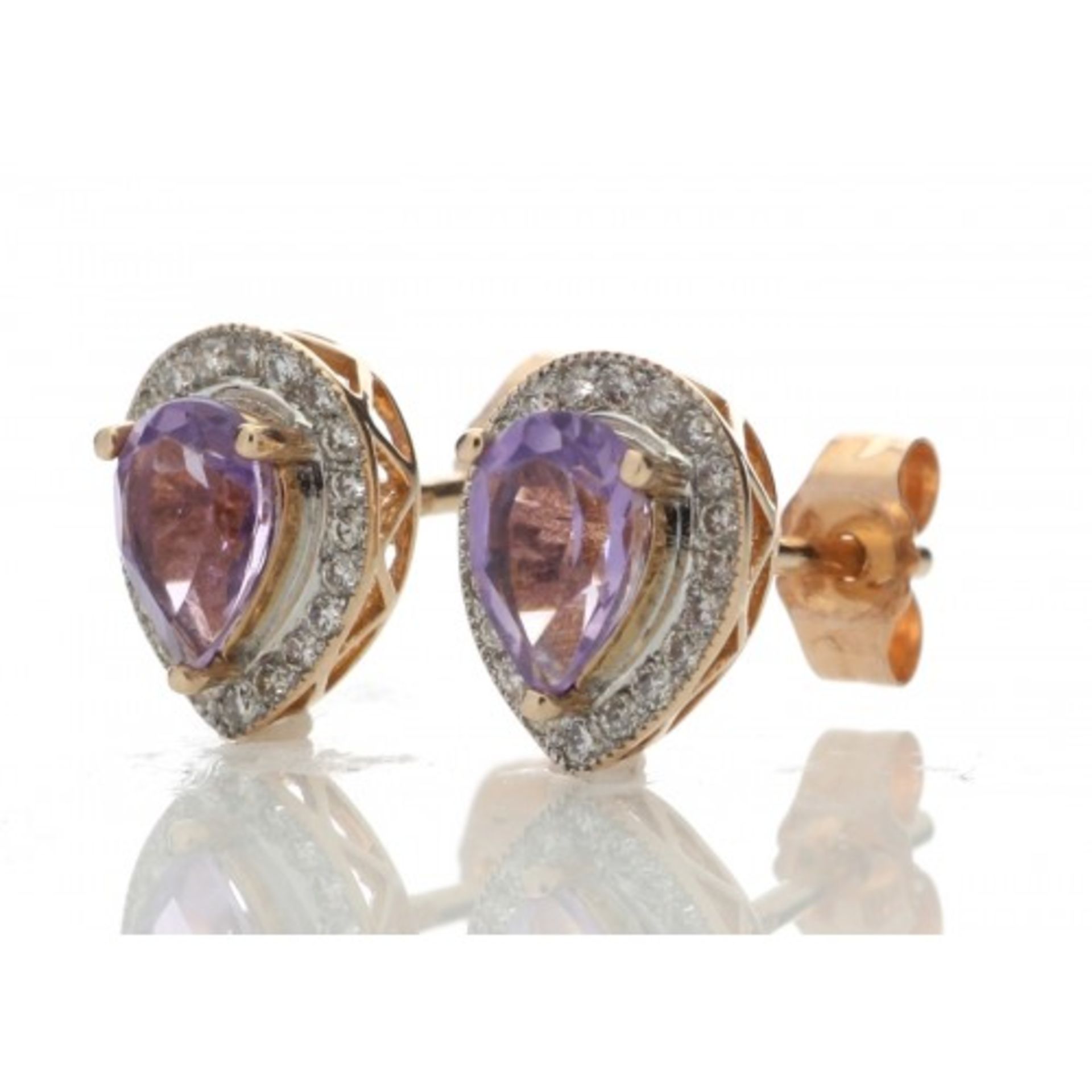 0.82ct amethyst and diamond stud earrings set in 9ct rose gold. 2 pear shaped amethysts surrounded - Image 2 of 4