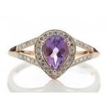 0.63ct amethyst and diamond dress ring set in 9ct rose gold. Pear shaped centre stone surrounded