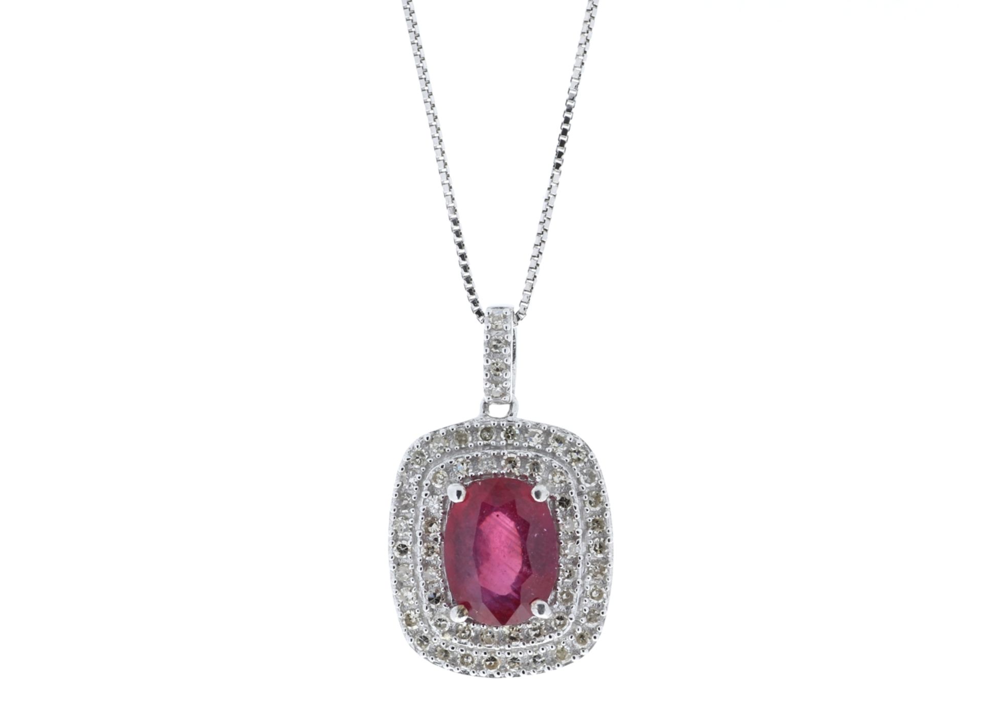 Ruby and diamond pendant set in 14ct gold. Oval cut ruby, 0.70ct, surrounded by brilliant cut