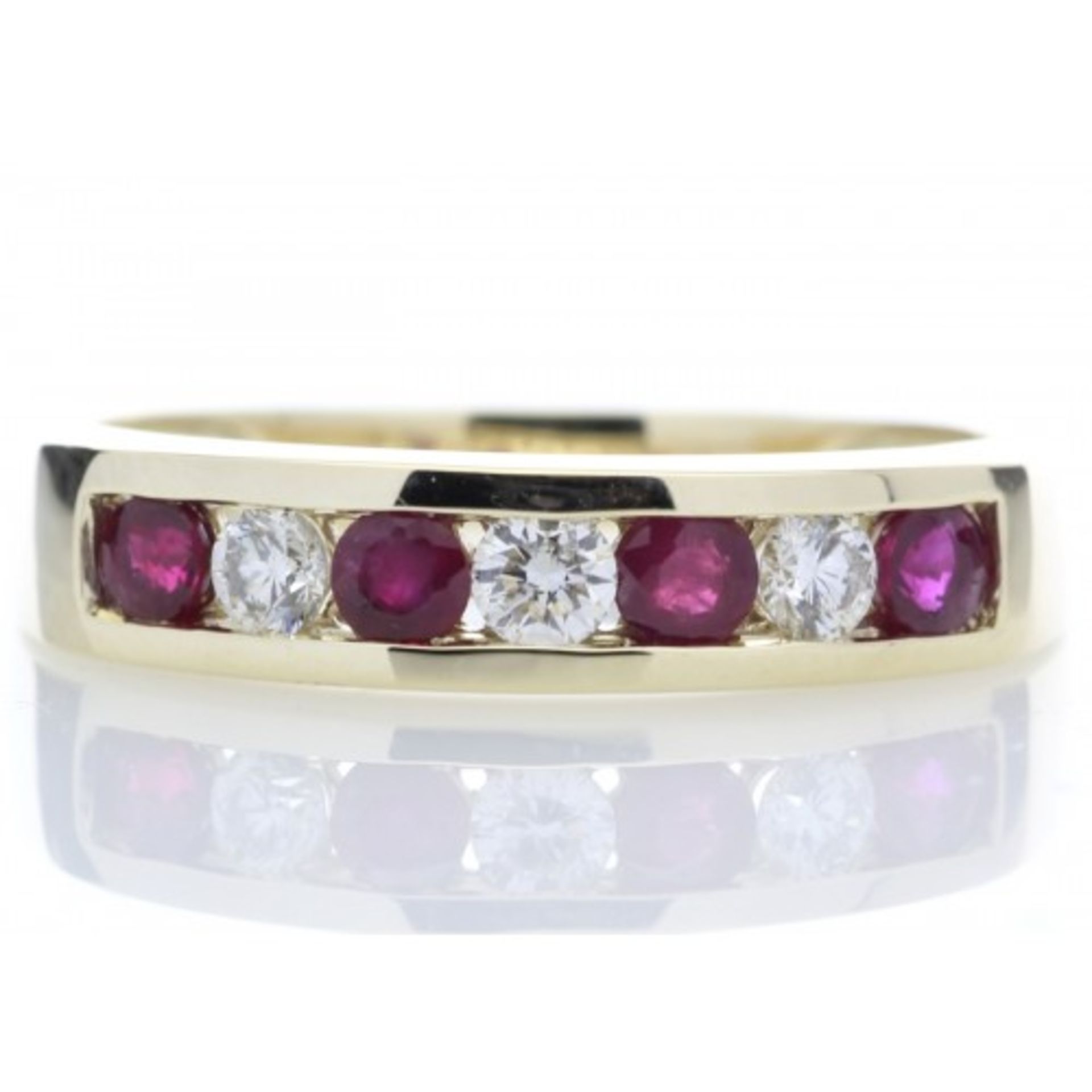 Ruby and diamond eternity style band ring set in 9ct gold. 0.25ct brilliant cut diamonds, H