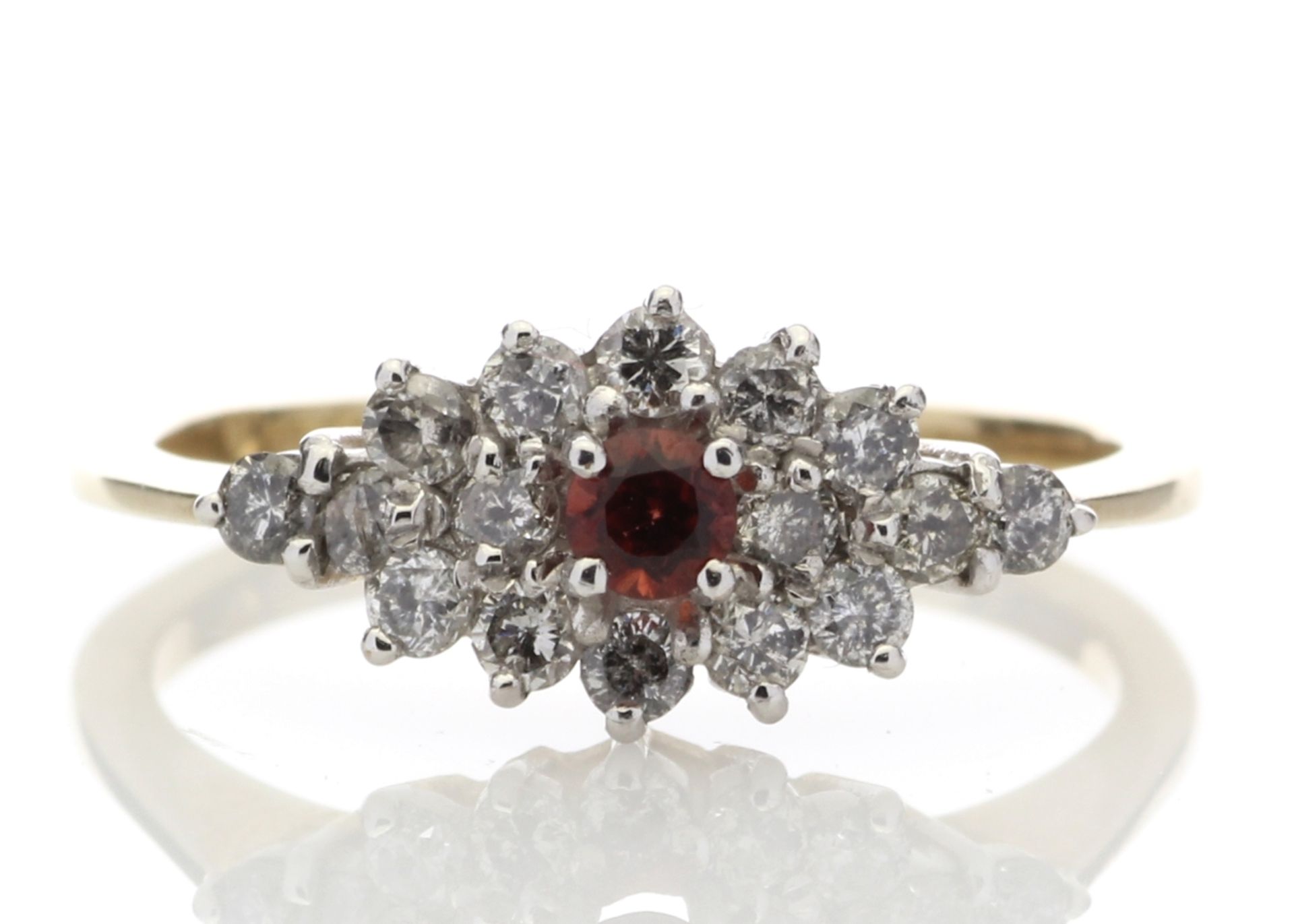 Garnet and diamond aeroplane cluster ring set in 9ct gold. Brilliant cut diamonds, F colour and I1