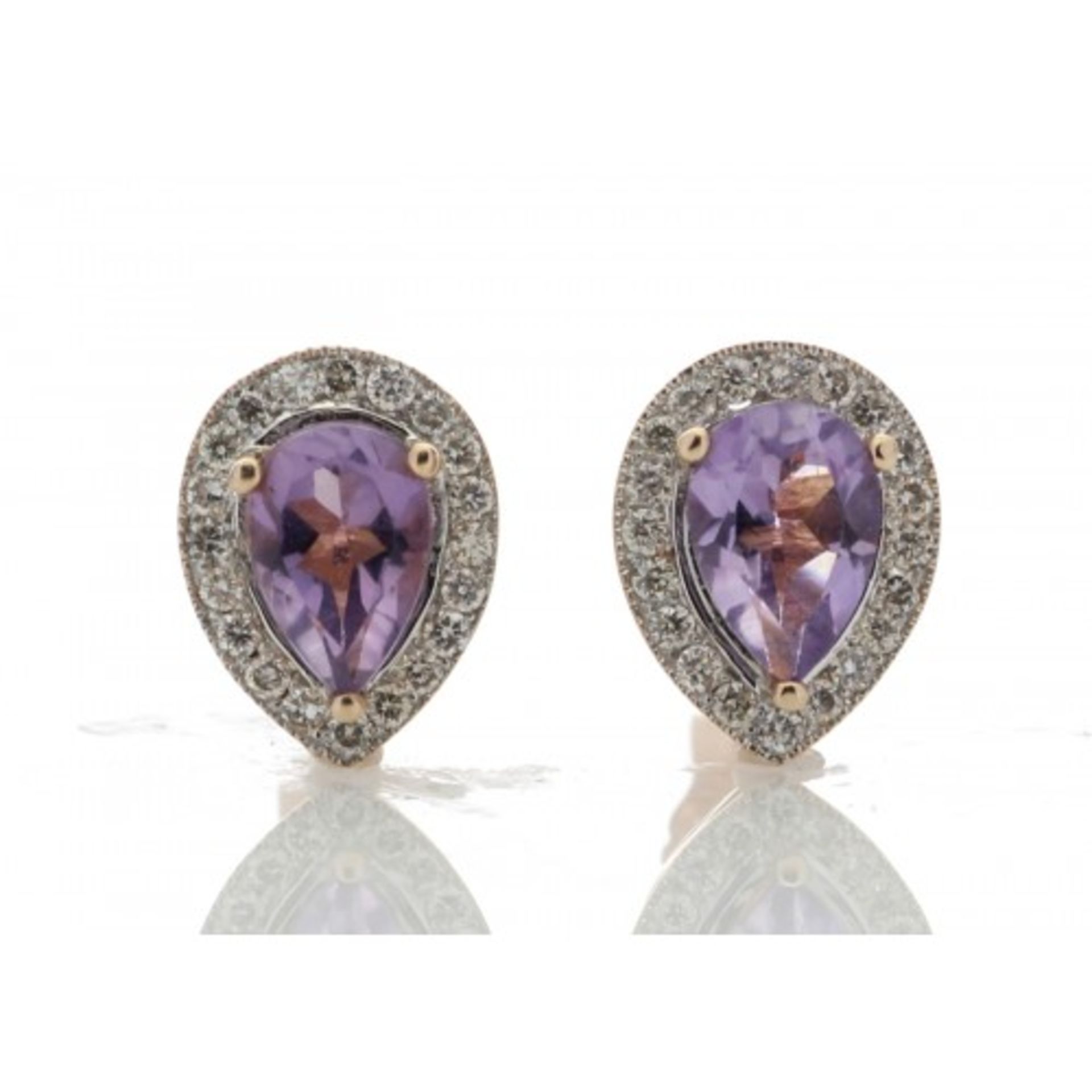 0.82ct amethyst and diamond stud earrings set in 9ct rose gold. 2 pear shaped amethysts surrounded