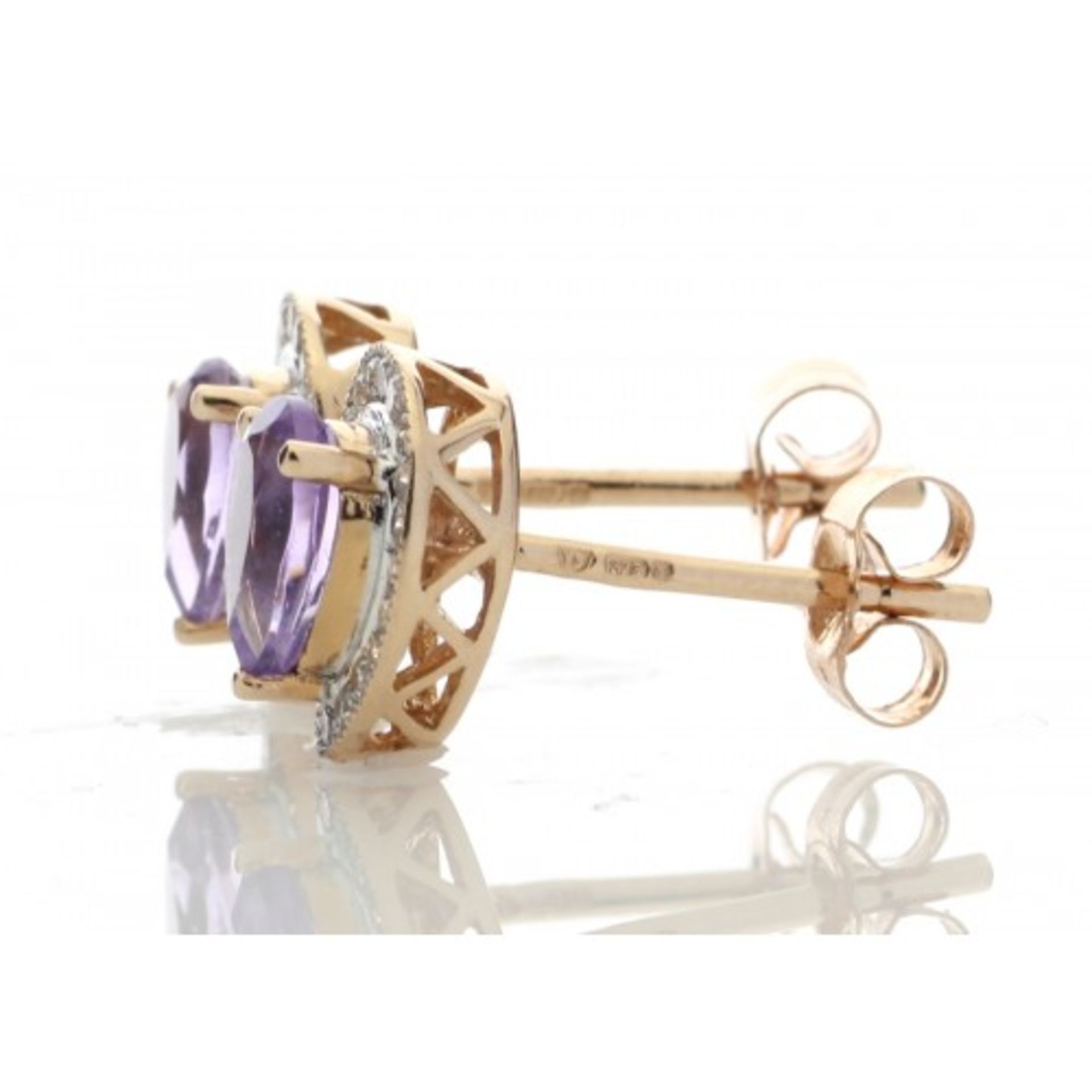 0.82ct amethyst and diamond stud earrings set in 9ct rose gold. 2 pear shaped amethysts surrounded - Image 3 of 4