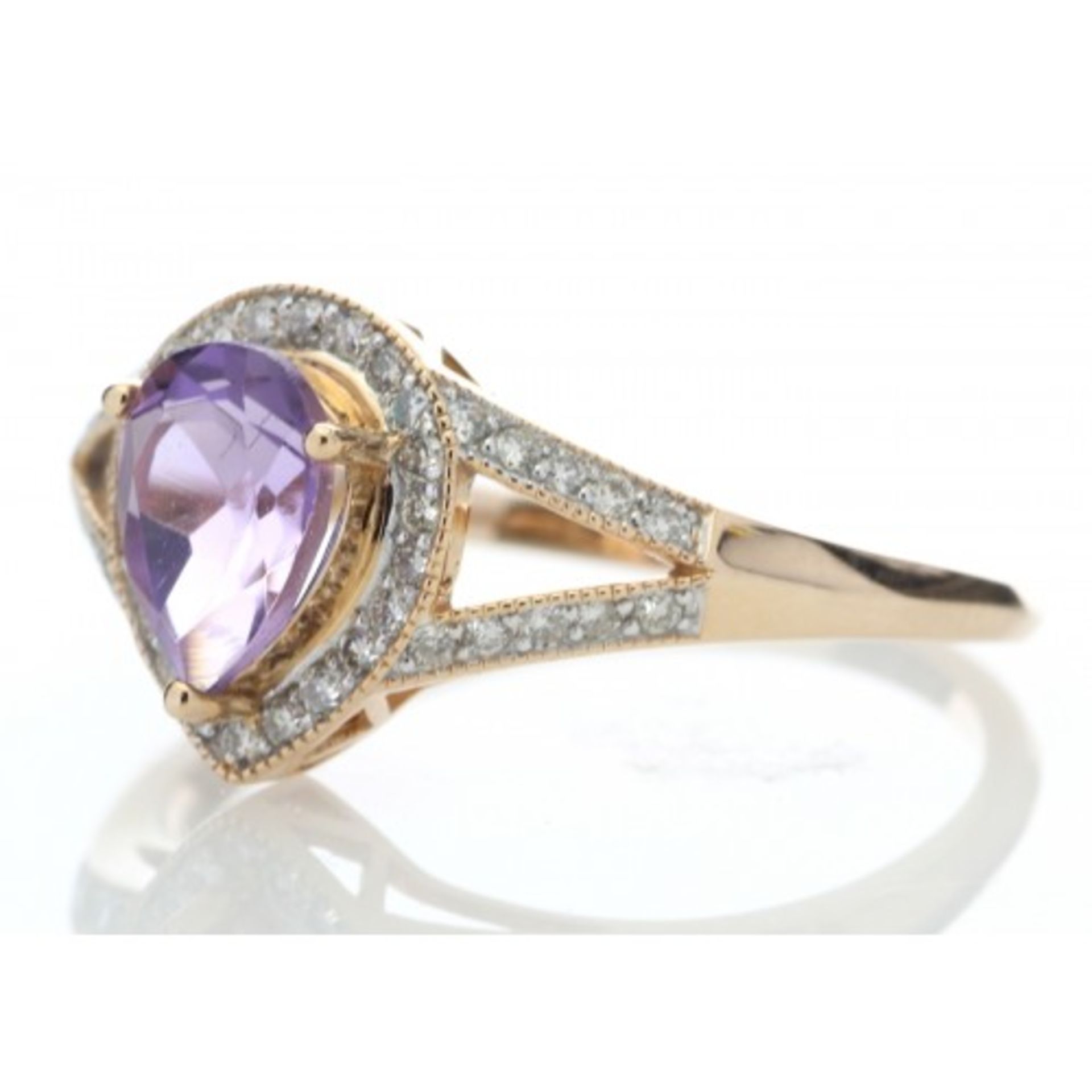 0.63ct amethyst and diamond dress ring set in 9ct rose gold. Pear shaped centre stone surrounded - Image 2 of 5