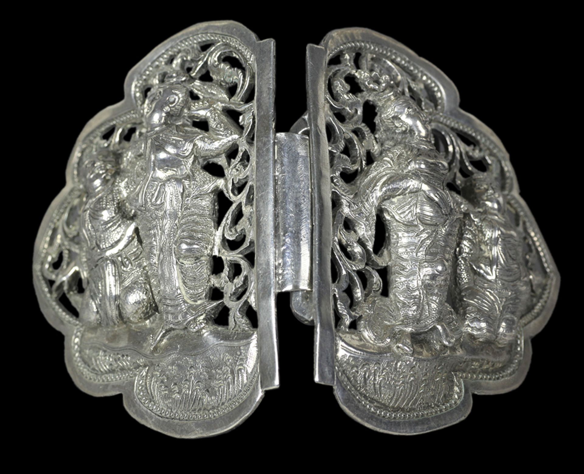 Antique Indian Figural Two Part Silver Belt Buckle With Dancers C.1910