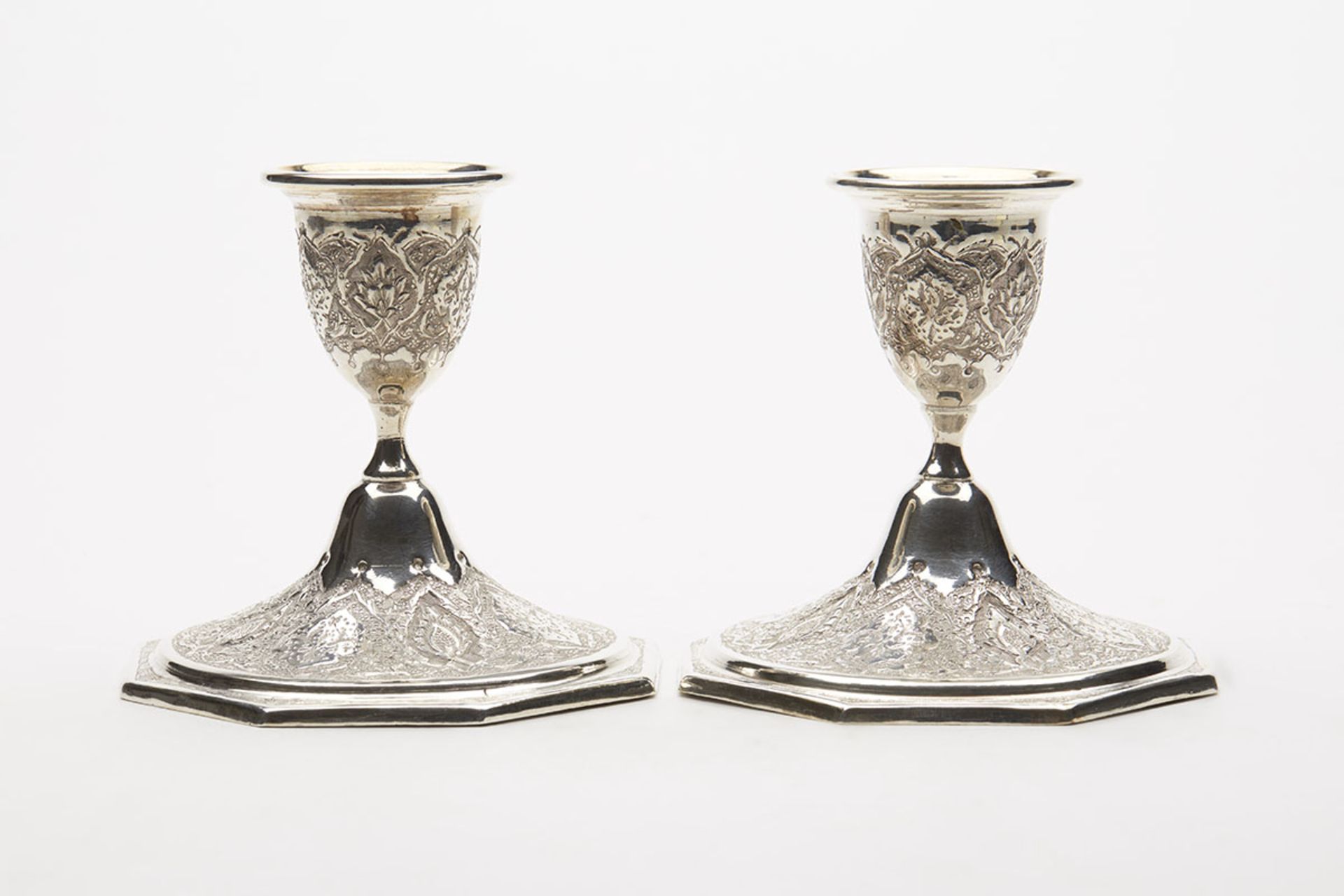 Pair Antique Islamic Dwarf Silver Candlesticks C.1890