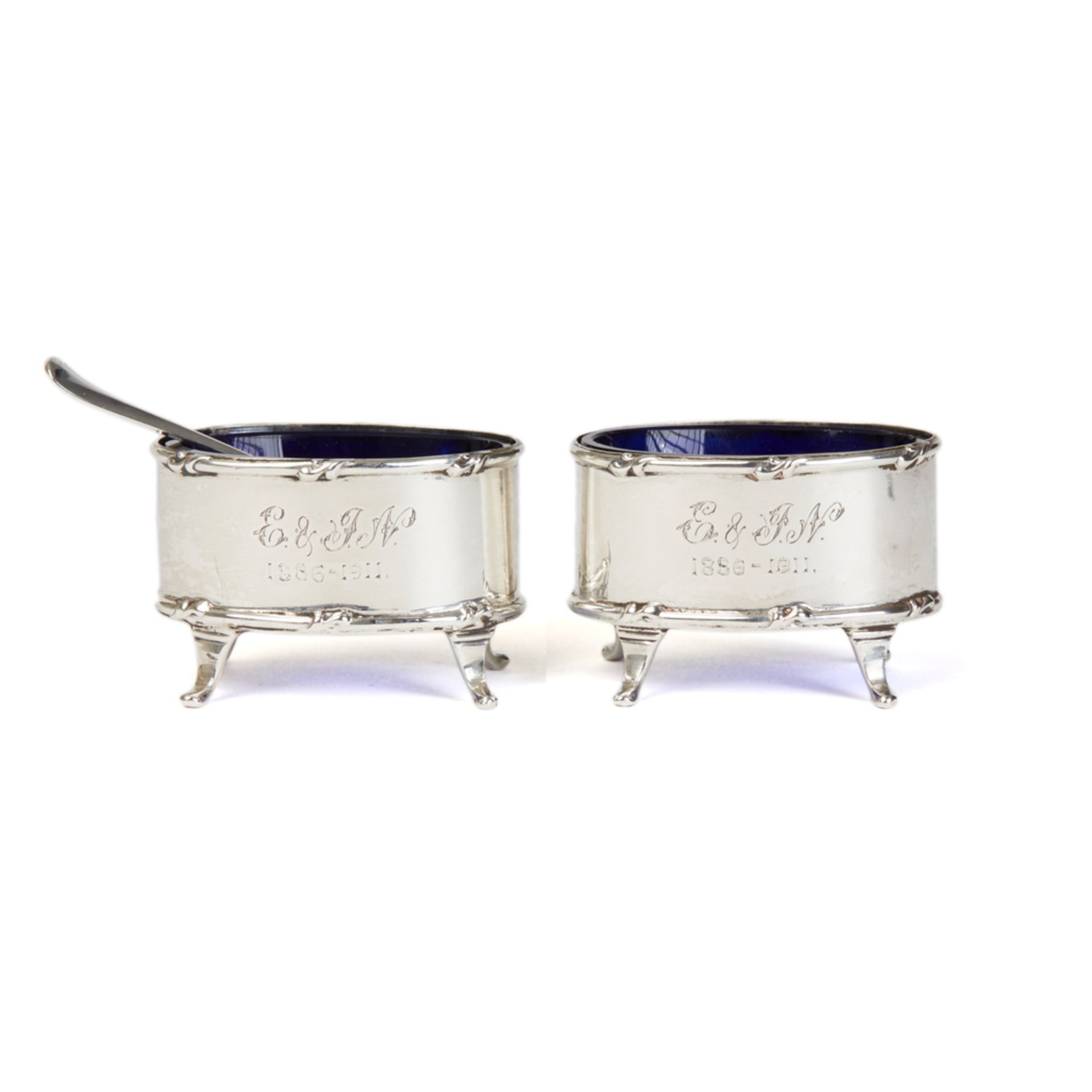 Pair Antique Silver & Blue Glass Salts Chester 1909