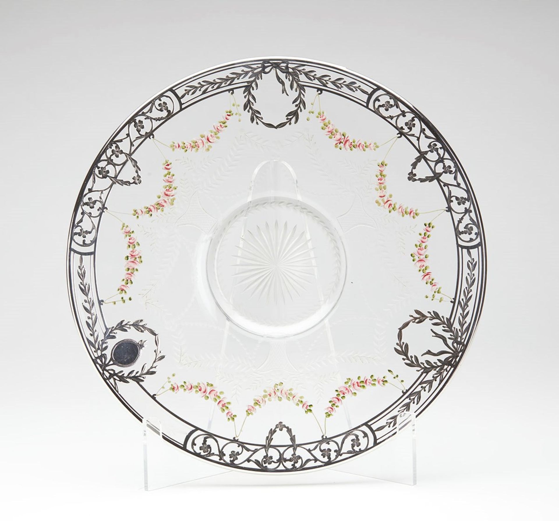 Antique Silver Overlay Floral Enamel Glass Plate 19Th C.