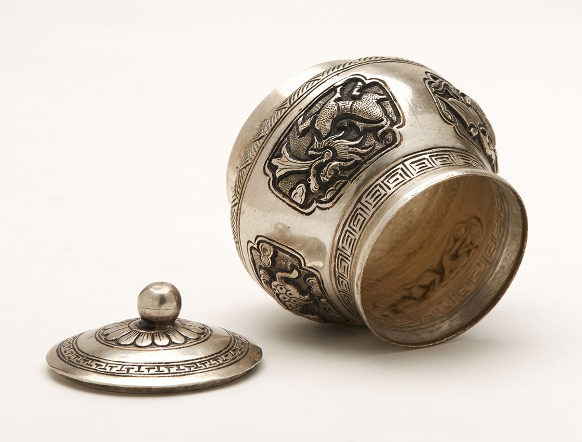 Fine Silver Oriental Lidded Pot With Animal Panels 20Th C. - Image 7 of 7