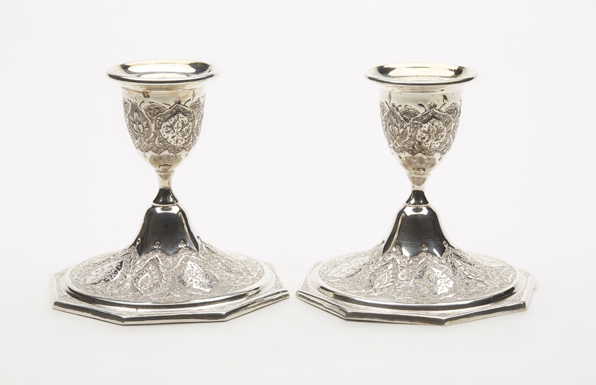 Pair Antique Islamic Dwarf Silver Candlesticks C.1890 - Image 3 of 7