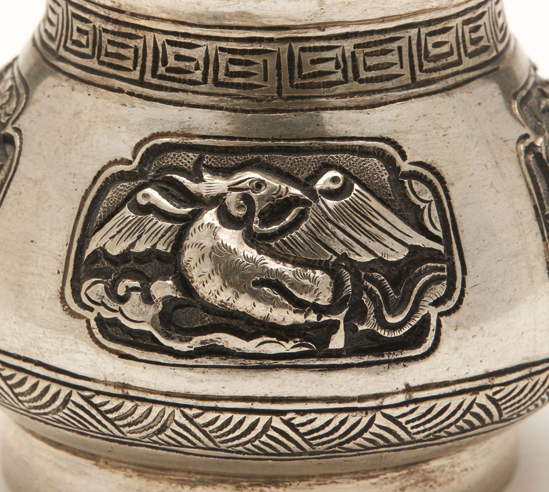 Fine Silver Oriental Lidded Pot With Animal Panels 20Th C. - Image 6 of 7