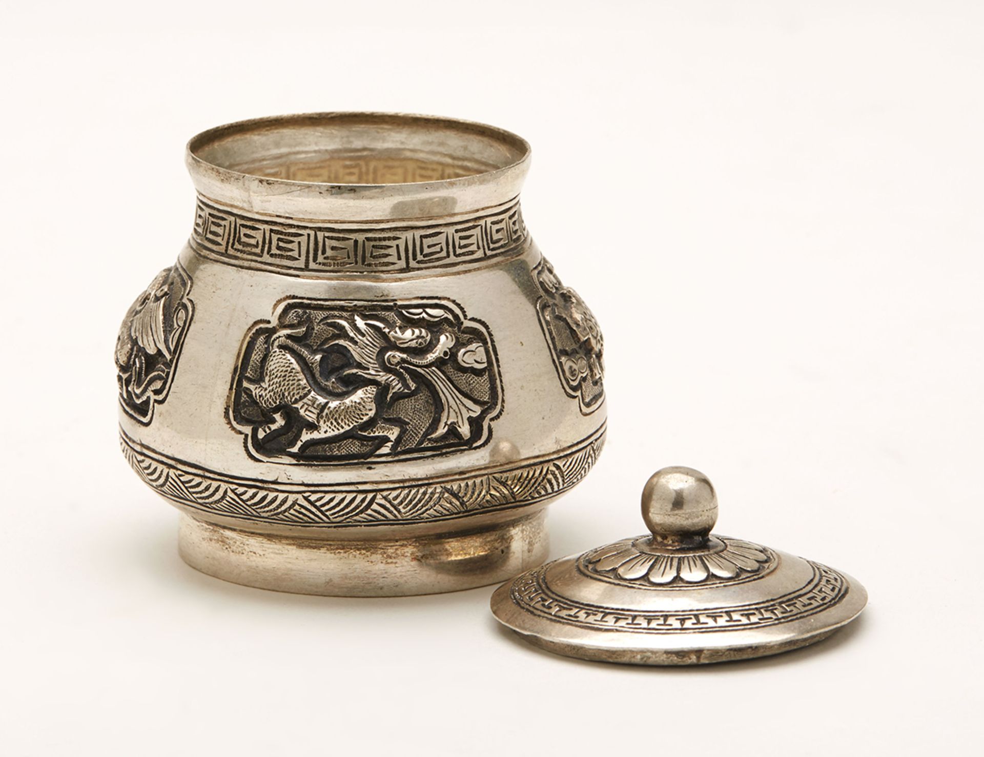 Fine Silver Oriental Lidded Pot With Animal Panels 20Th C. - Image 3 of 7