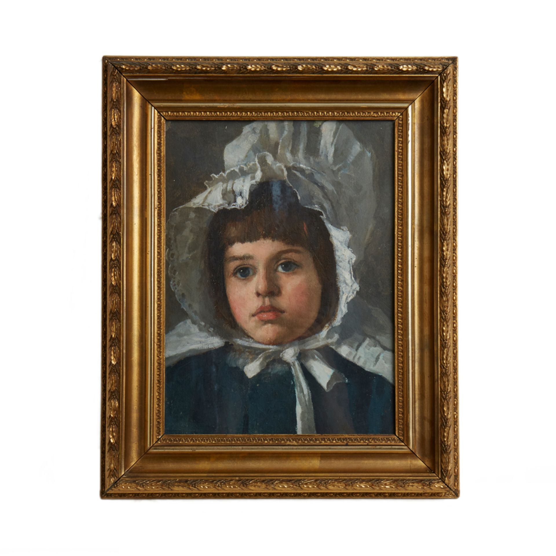 Antique Framed Finely Painted Girl In Bonnet Oil On Board