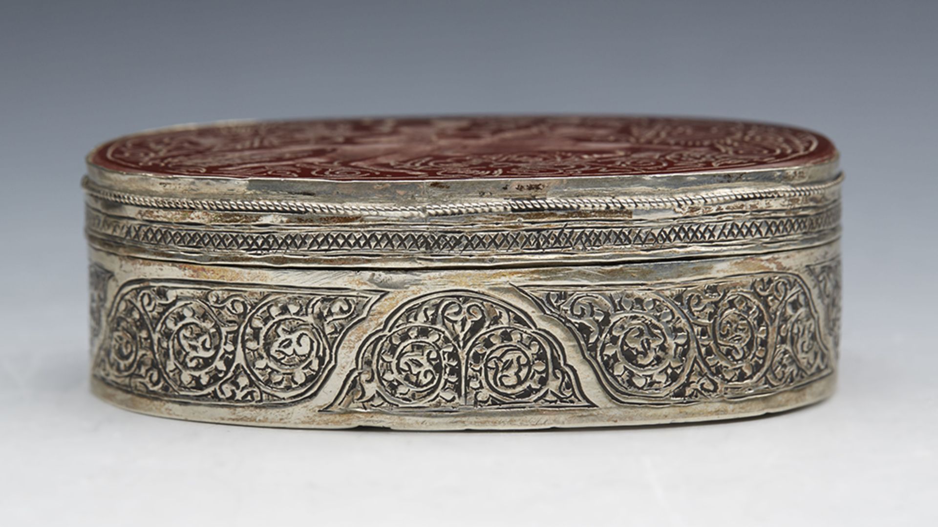 Antique Indian Silver Lidded Box With Carved Intaglio Stone Top 19Th C. - Image 2 of 7