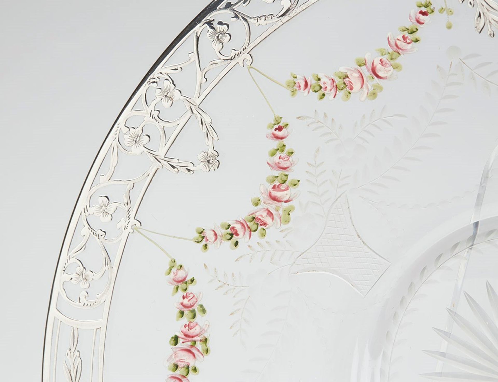 Antique Silver Overlay Floral Enamel Glass Plate 19Th C. - Image 3 of 6