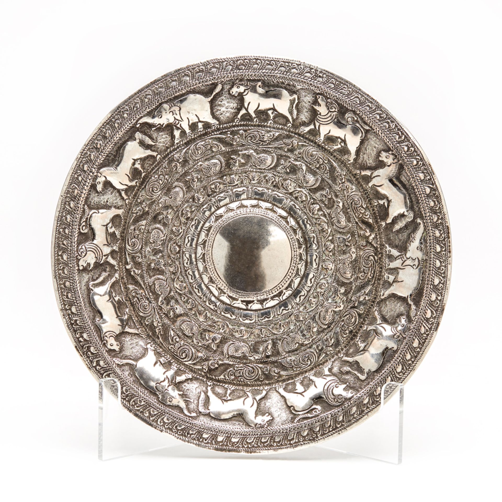 Fine Antique Indian Silver Metal Dish With Animals 19Th C.