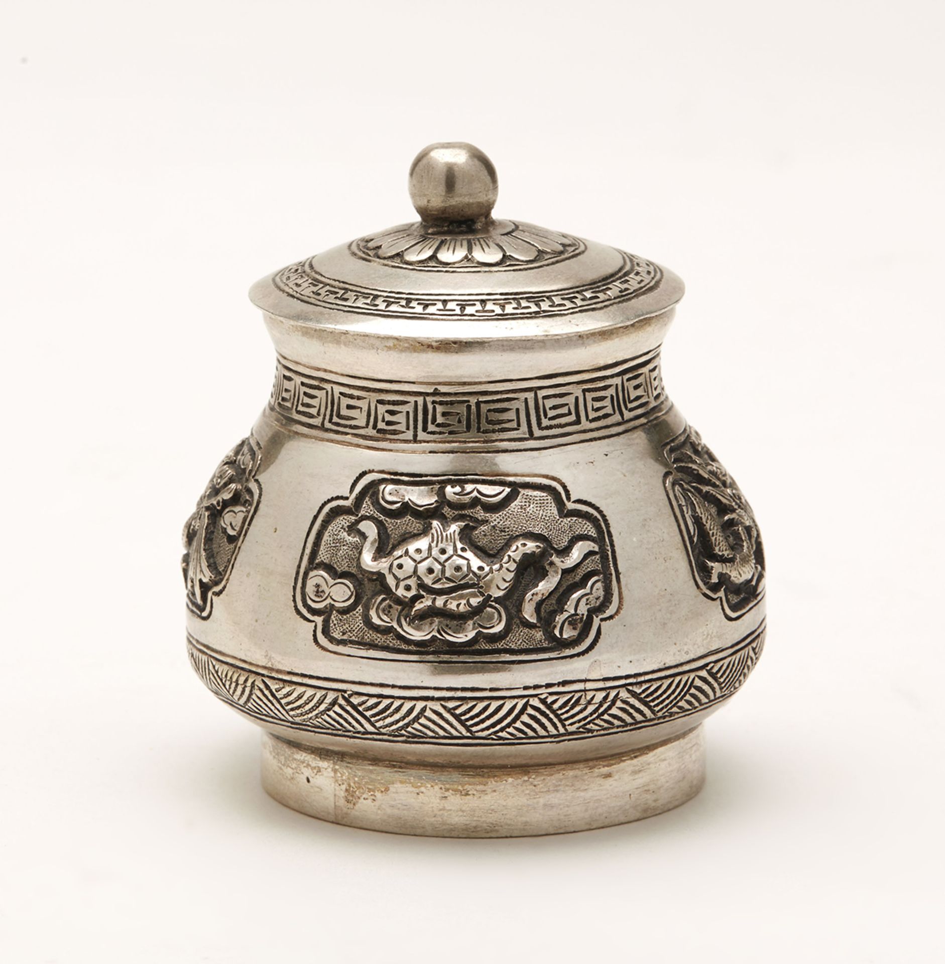 Fine Silver Oriental Lidded Pot With Animal Panels 20Th C. - Image 2 of 7