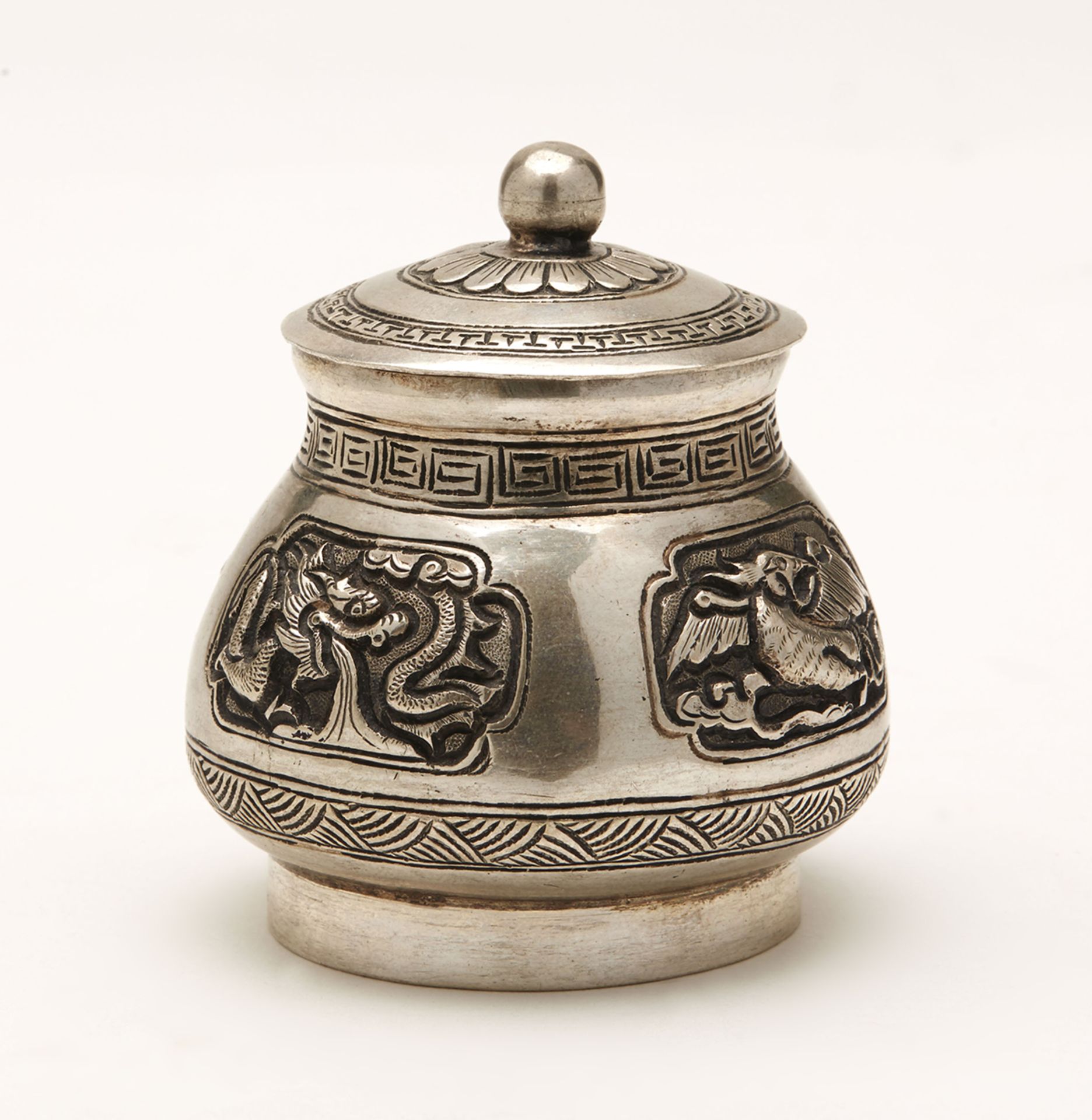 Fine Silver Oriental Lidded Pot With Animal Panels 20Th C.