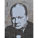 Gary Hogben | Churchill Winston Churchill in hand cut British stamps on canvas on a background of