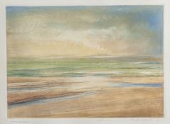 Unbekannter Künstler (20. Jahrhundert), flache Landschaft im morgendlichen Sonnenlicht durchsetzt