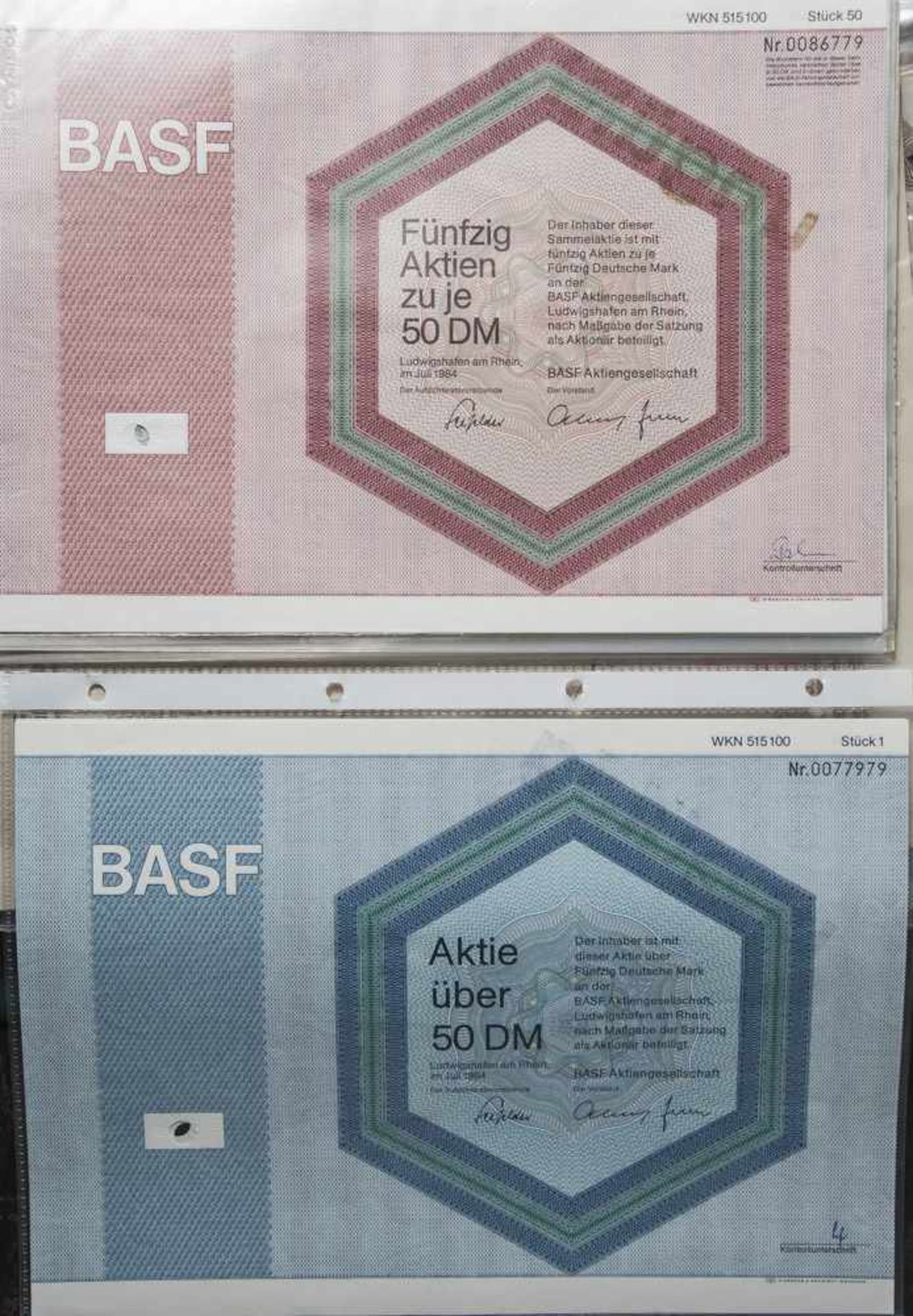 Konvolut von 6 BASF-Aktien, darunter: a) 50 Aktien zu je 50 DM, Nr. 0086779. b) Globalaktie über