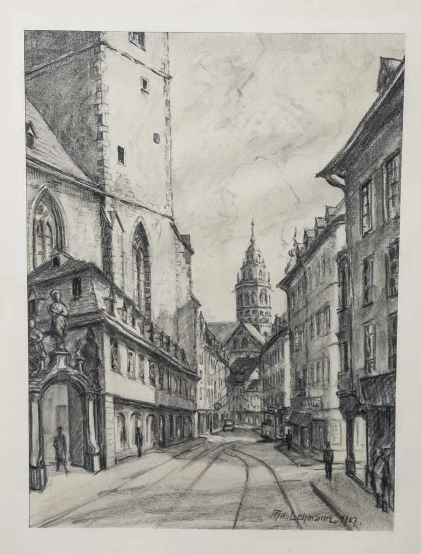 Lehmann, Phil. (20. Jahrhundert), Quintinskirche mit Blick auf dem Dom zu Mainz, Kohlezeichnung, re.