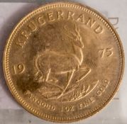 Goldmünze, Krügerrand, Südafrika, 1975, Fyngoud, 1 Unze, Fine Gold, vorderseitig Springbock, rs.