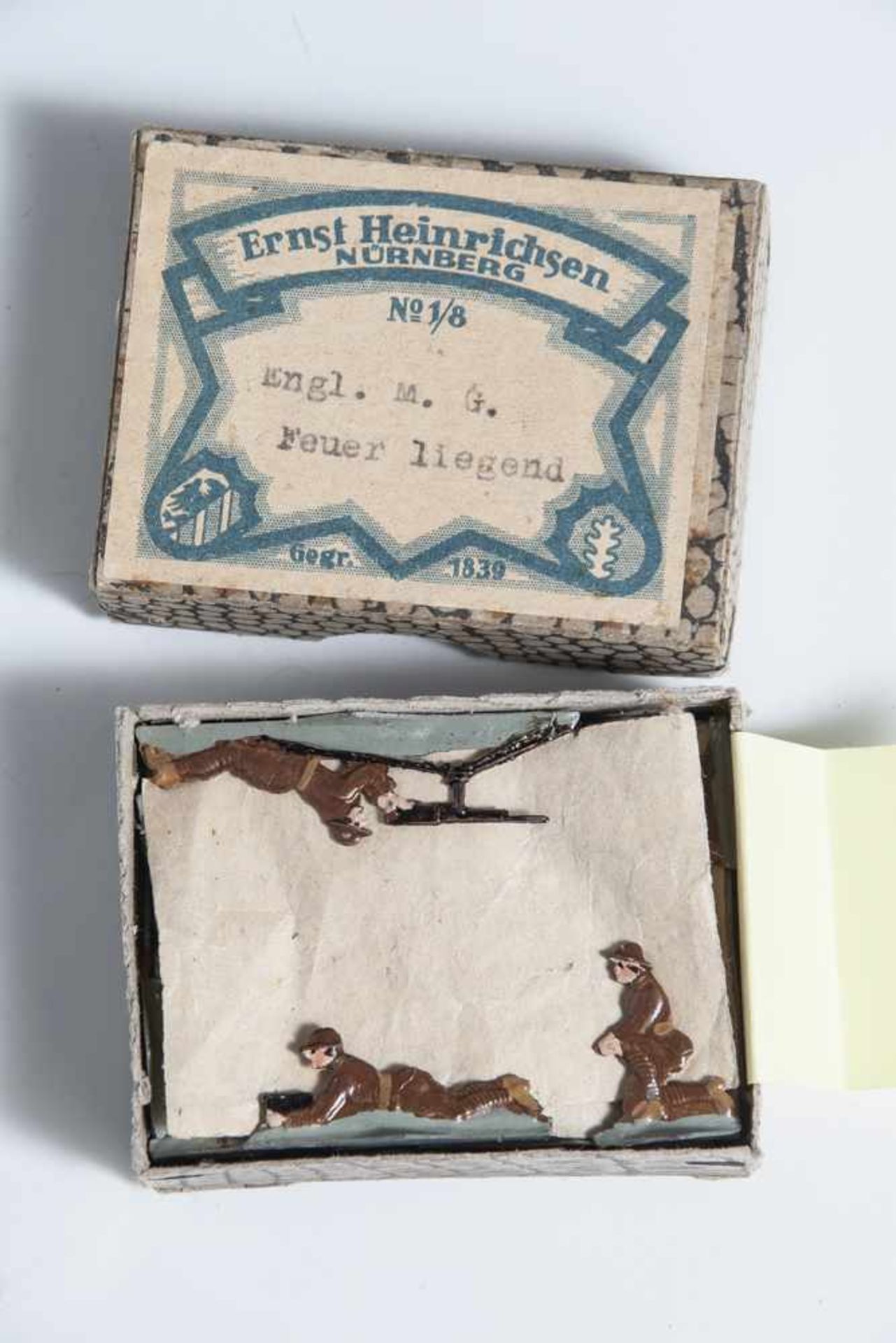 1 Schachtel Zinnfiguren, "Engl. M.G. Feuer liegend", Ernst Heinrichsen, Nürnberg, No. 1/8. In org.