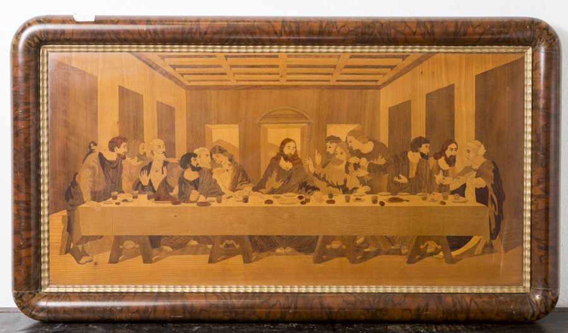 Bildplatte, Intarsienarbeit aus versch. Edelhölzern, Darst. d. letzten Abendmahls, wohl um 1910/