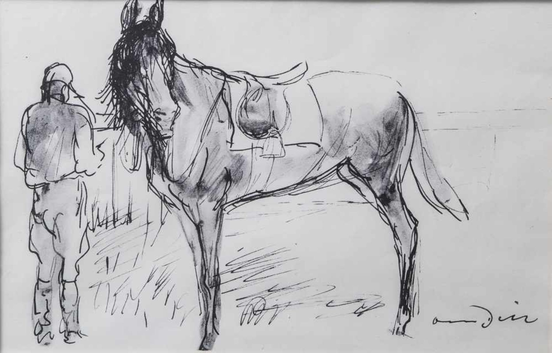 Dill, Otto (1884-1957), Jockey mit seinem Pferd, Zeichnung, re. u. sign. Ca. 19 x 29 cm, hinter Glas
