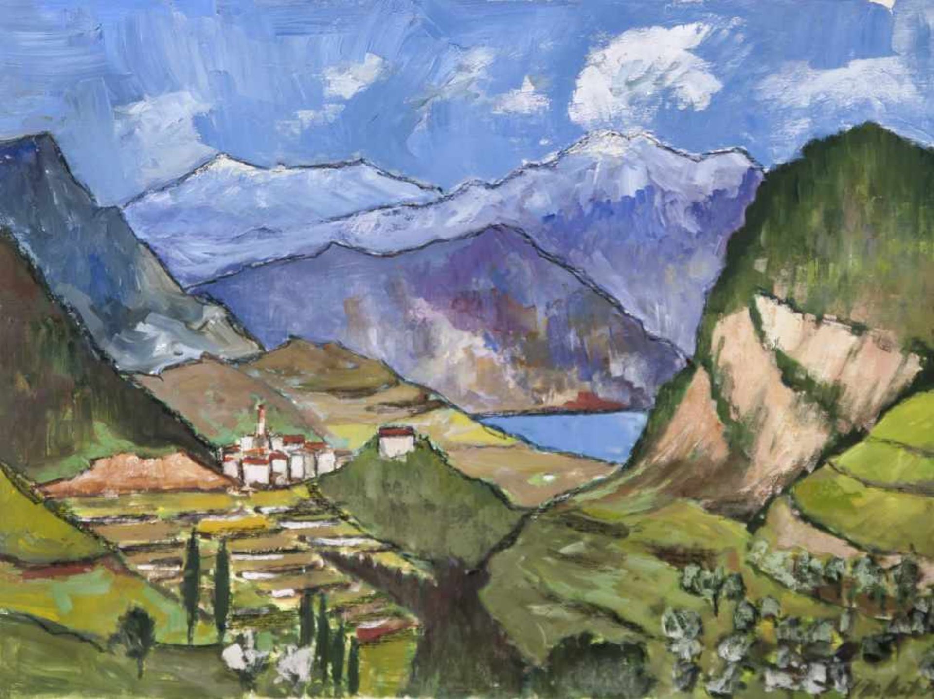 Riedmüller, Willy, (1895-1974), "Gardasee", Gouache/Malkarton, re. u. sign., rs. bez. Ca. 42 x 56