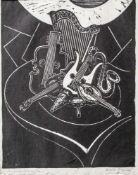 Cauer, Walter (1905-1995), Stillleben mit Instrumenten, Linolschnitt auf Japanpapier, re. u. mit