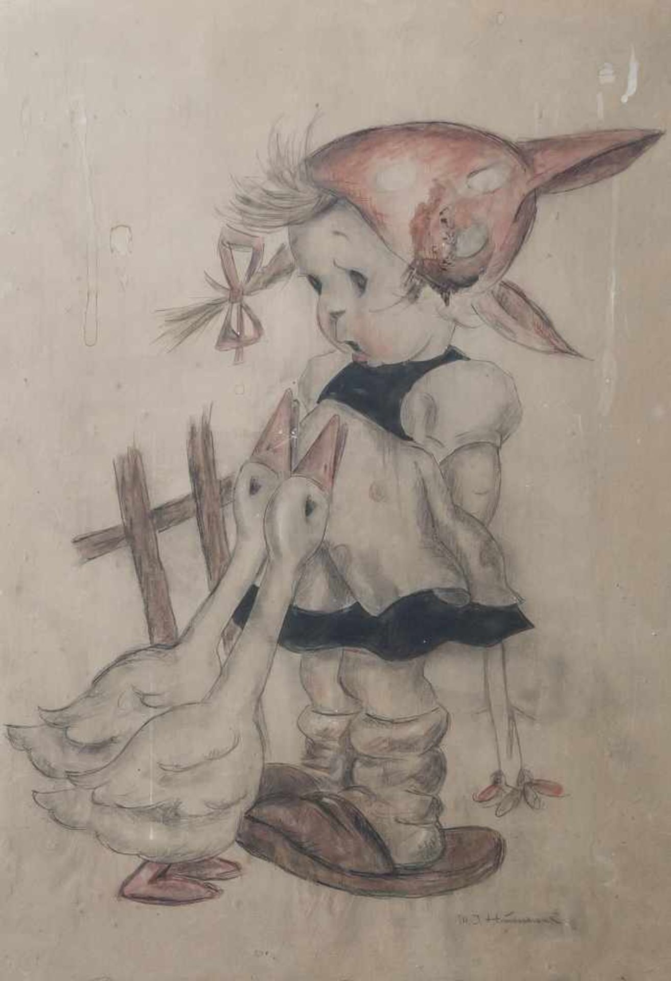 Hummel, Maria Innocentia (1909-1946), Kleines Mädchen mit 2 Gänsen, Zeichnung, re. u. mit