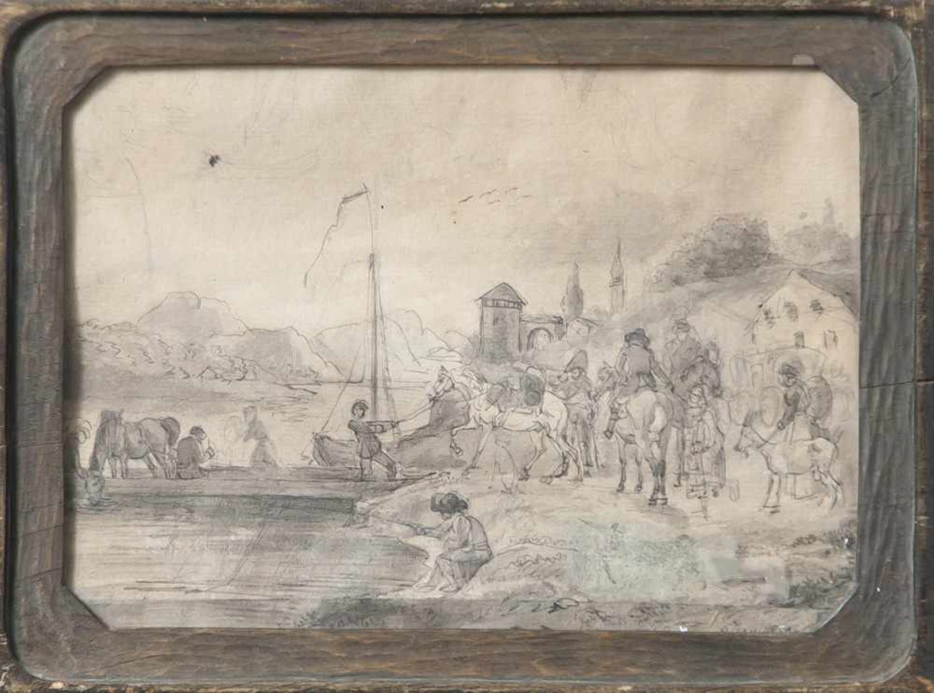 Unbekannter Maler (wohl 18. Jahrhundert), eine Gruppe Reiter und Bauern an einer Fähre,