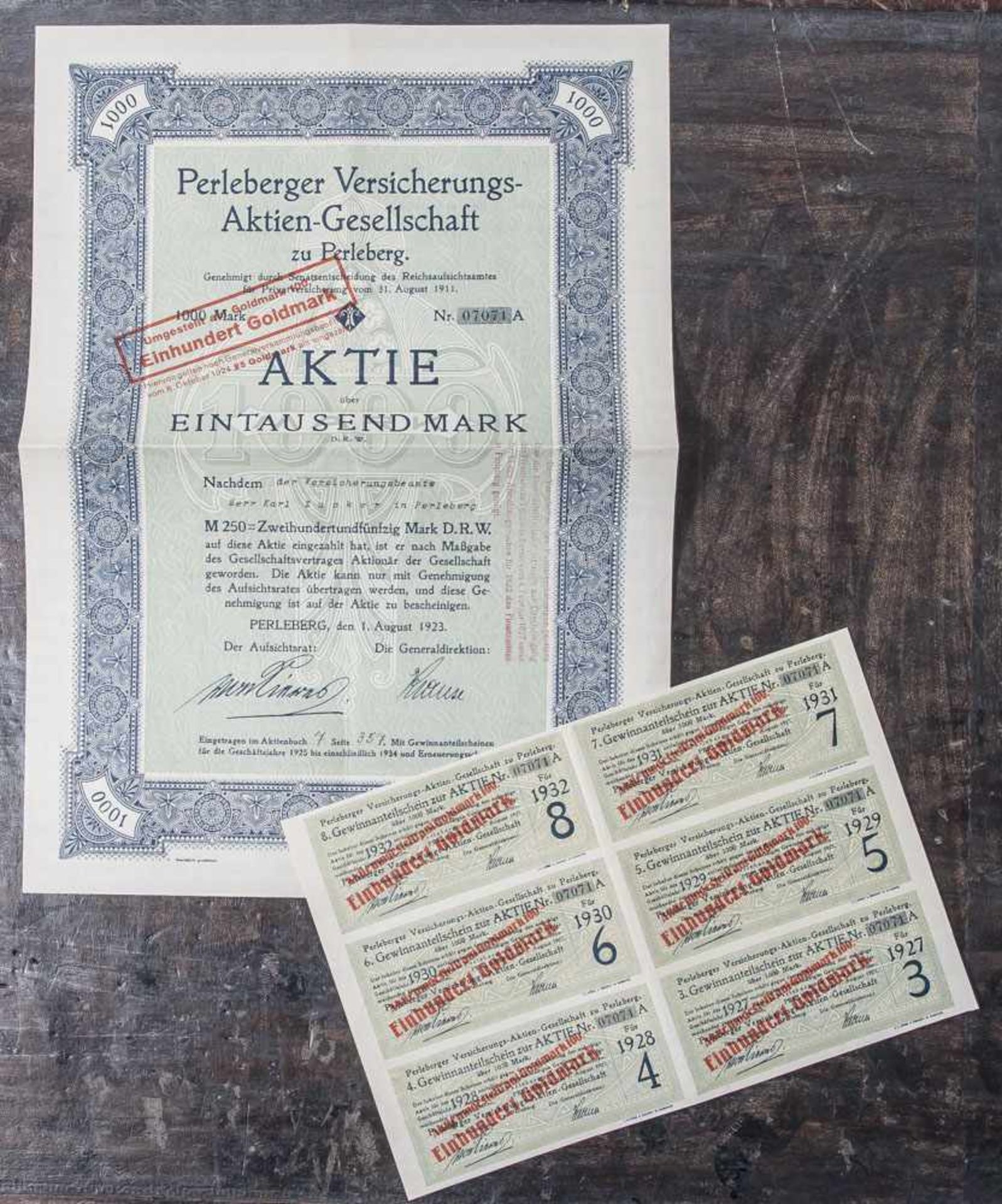 Aktie "Perleberger Versicherungs-Aktien-Gesellschaft zu Perleberg", 1000 Mark D.R.W., Nr. 07071A.