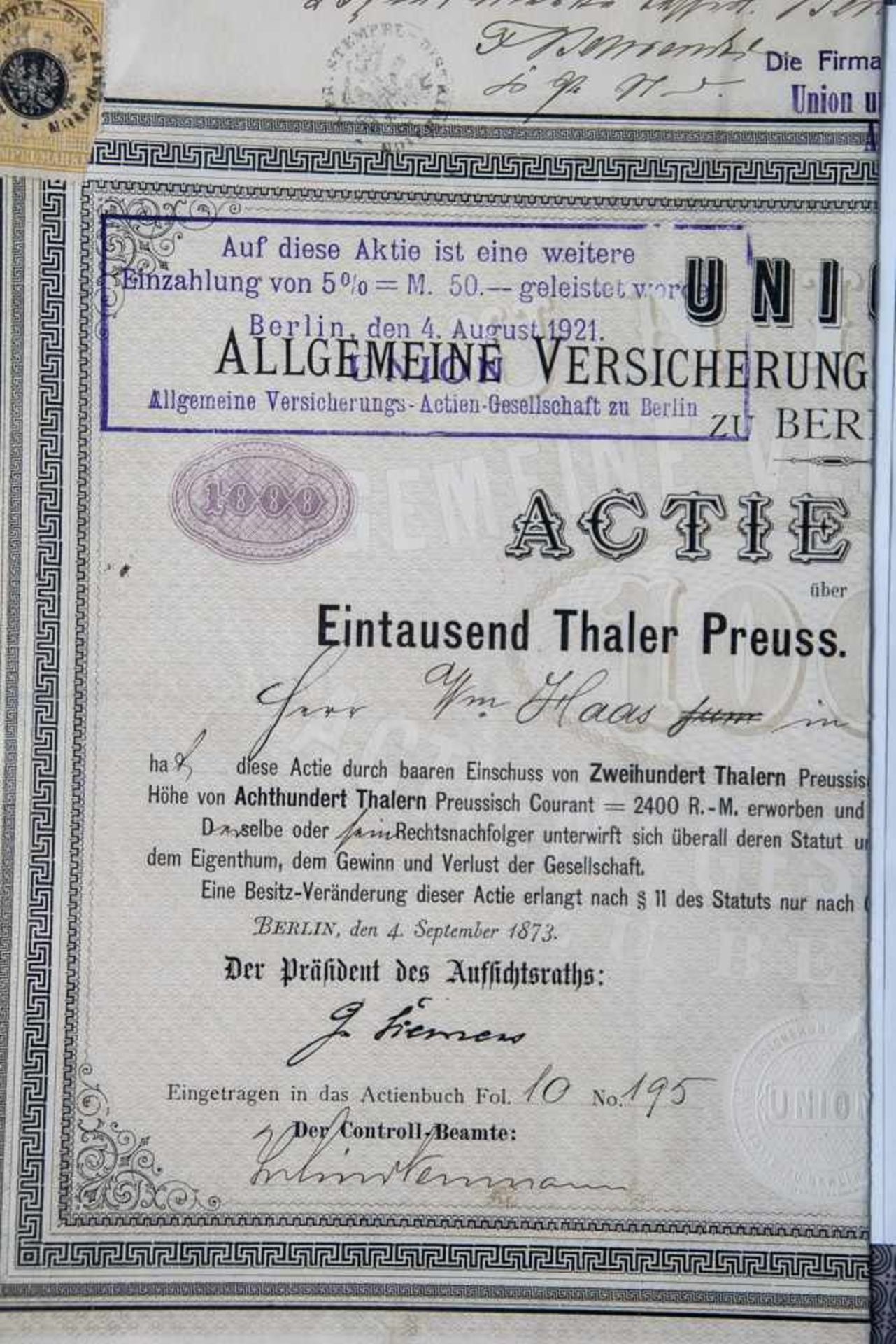 Aktie "Union Allgemeine Versicherungs-Actien-Gesellschaft zu Berlin", 1000 Thaler Preuss.