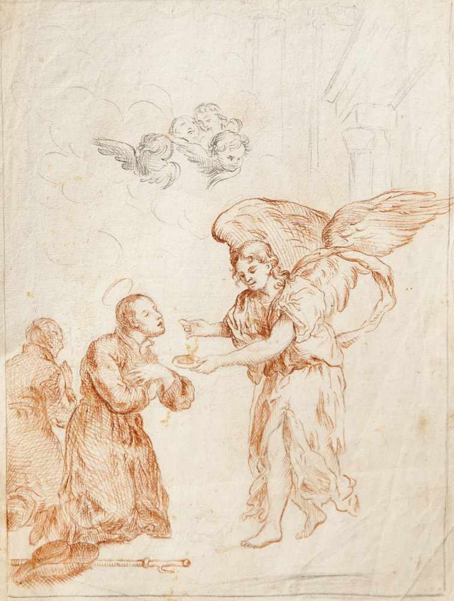 Rötelzeichnung (Skizze), 17. Jahrhundert, Darstellung eines Erzengels (Michael?) mit