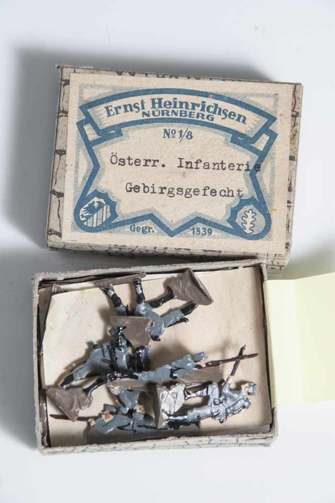 1 Schachtel Zinnfiguren, "Österr. Infanterie Gebirgsgefecht", Ernst Heinrichsen, Nürnberg, No. 1/