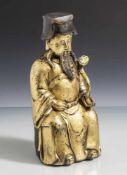 Bronzefigur, Darst. eines hohen Würdenträgers, wohl China, auf hohl gearbeitetem Sockel sitzend,