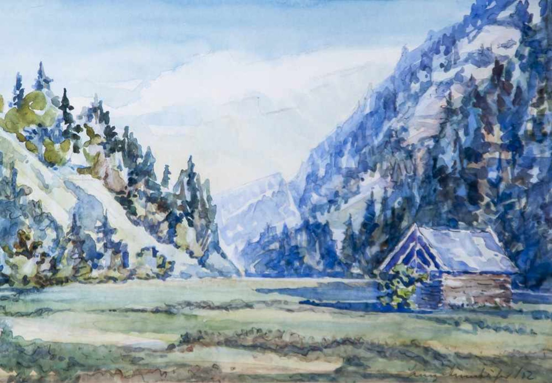 Mumbächer, Heinz (20. Jahrhundert), Alpine Landschaft mit Berghütte, Aquarell, re. u. sign. u.