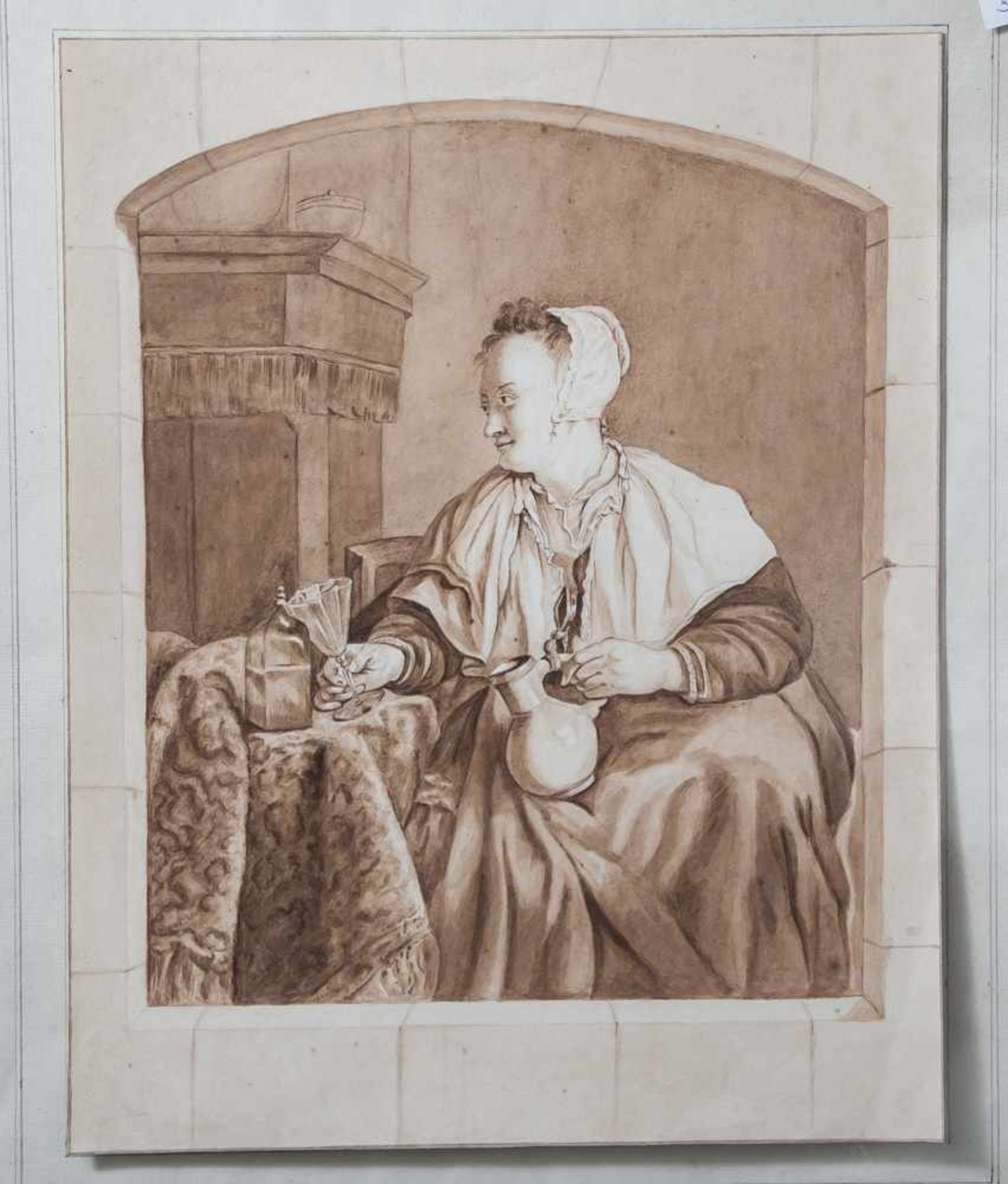 Poelman, C. (18./19. Jahrhundert), Bauersfrau mit Glas u. Krug in den Händen, Aquarell in Braun-