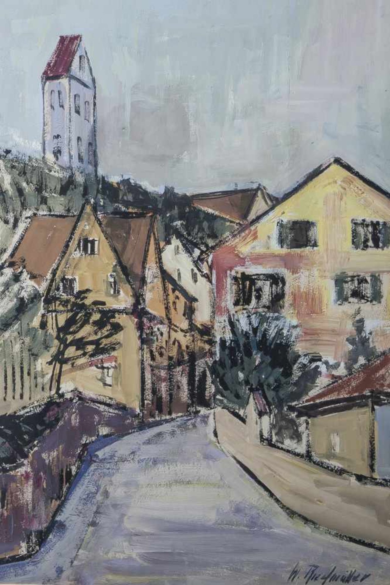 Riedmüller, Willy (1895-1974), Dorfstraße, Gouache/Malkarton, re. u. sign., ca. 50 x 35 cm. PP,