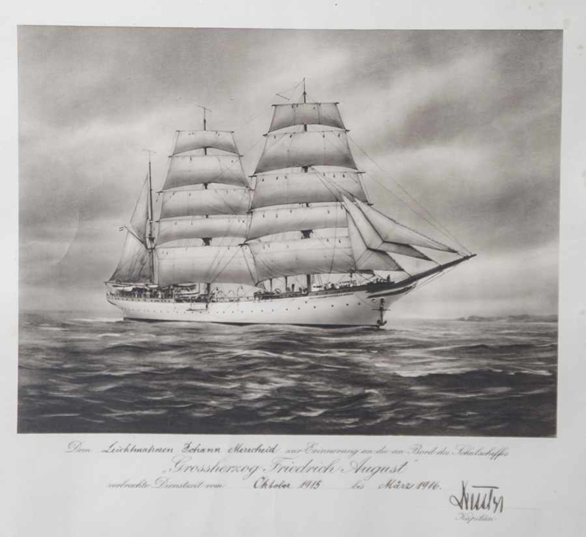 Reservistenandenken, Foto des Schulschiffes Großherzog Friedrich August, Bildunterschrift "Dem