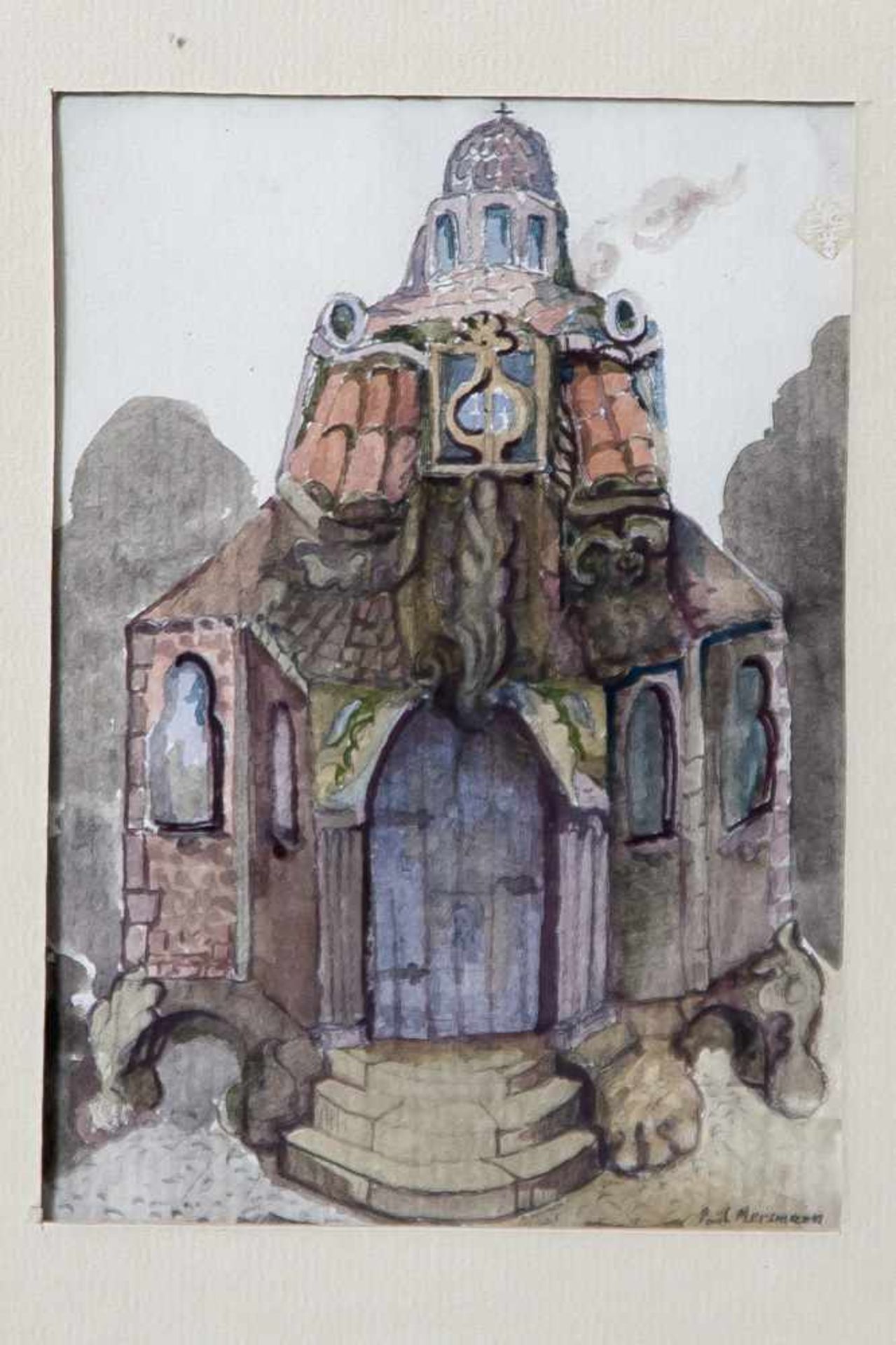 Mersmann, Paul (geb. 1929), Surrealistische Kapelle, Aquarell, re. u. sign. Ca. 16 x 11,5 cm, PP,