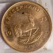Goldmünze, Krügerrand, Südafrika, 1973, Fyngoud, 1 Unze, Fine Gold, vorderseitig Springbock, rs.