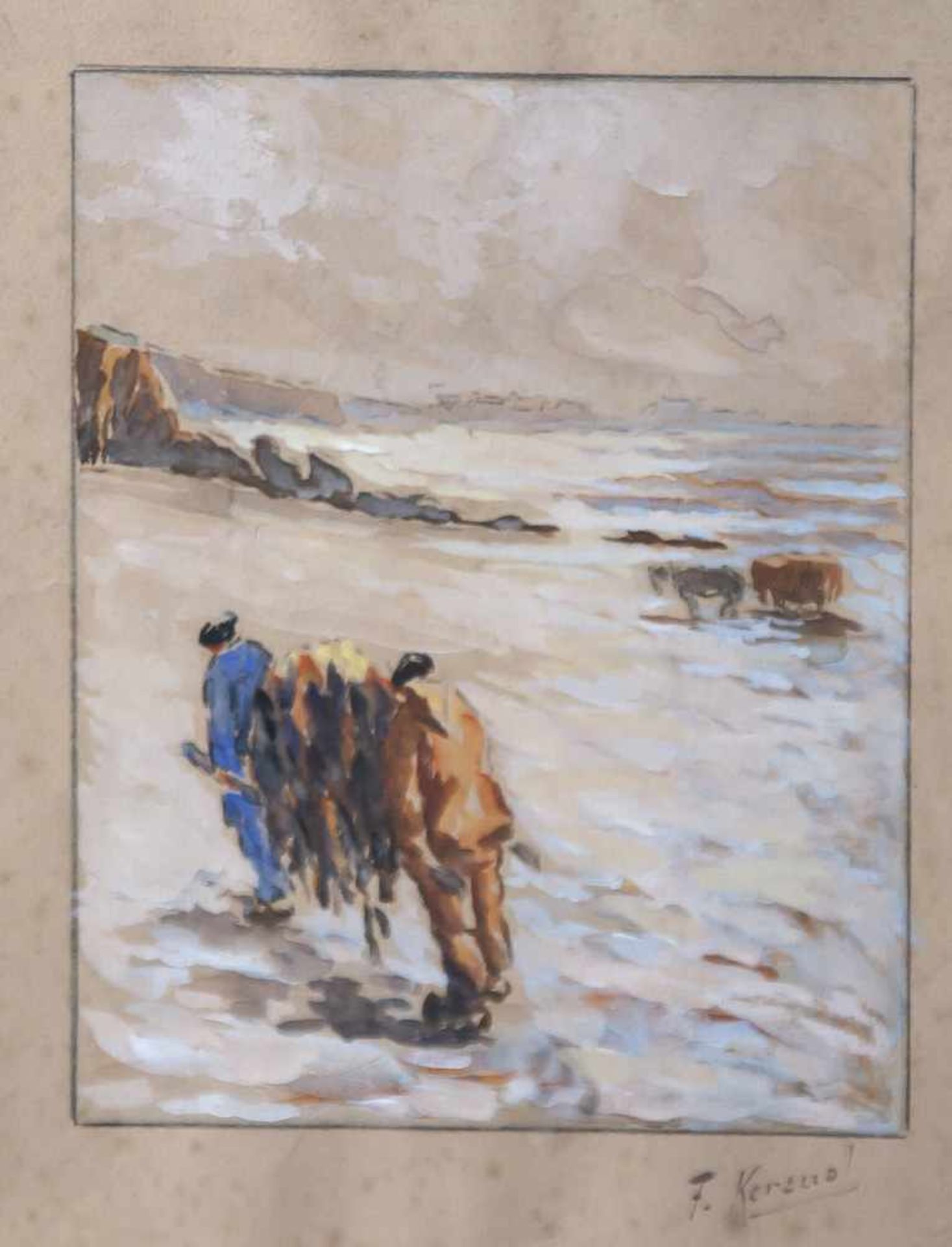 Kerenol, F. (19./20. Jahrhundert), Einholen von Tang an der Küste, Aquarell, re. u. sign. Ca. 26 x