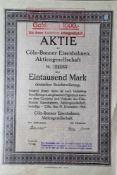 Aktie "Cöln-Bonner Eisenbahnen, Aktiengesellschaft", 1000 Mark deutscher Reichswährung, Mr. 14185,