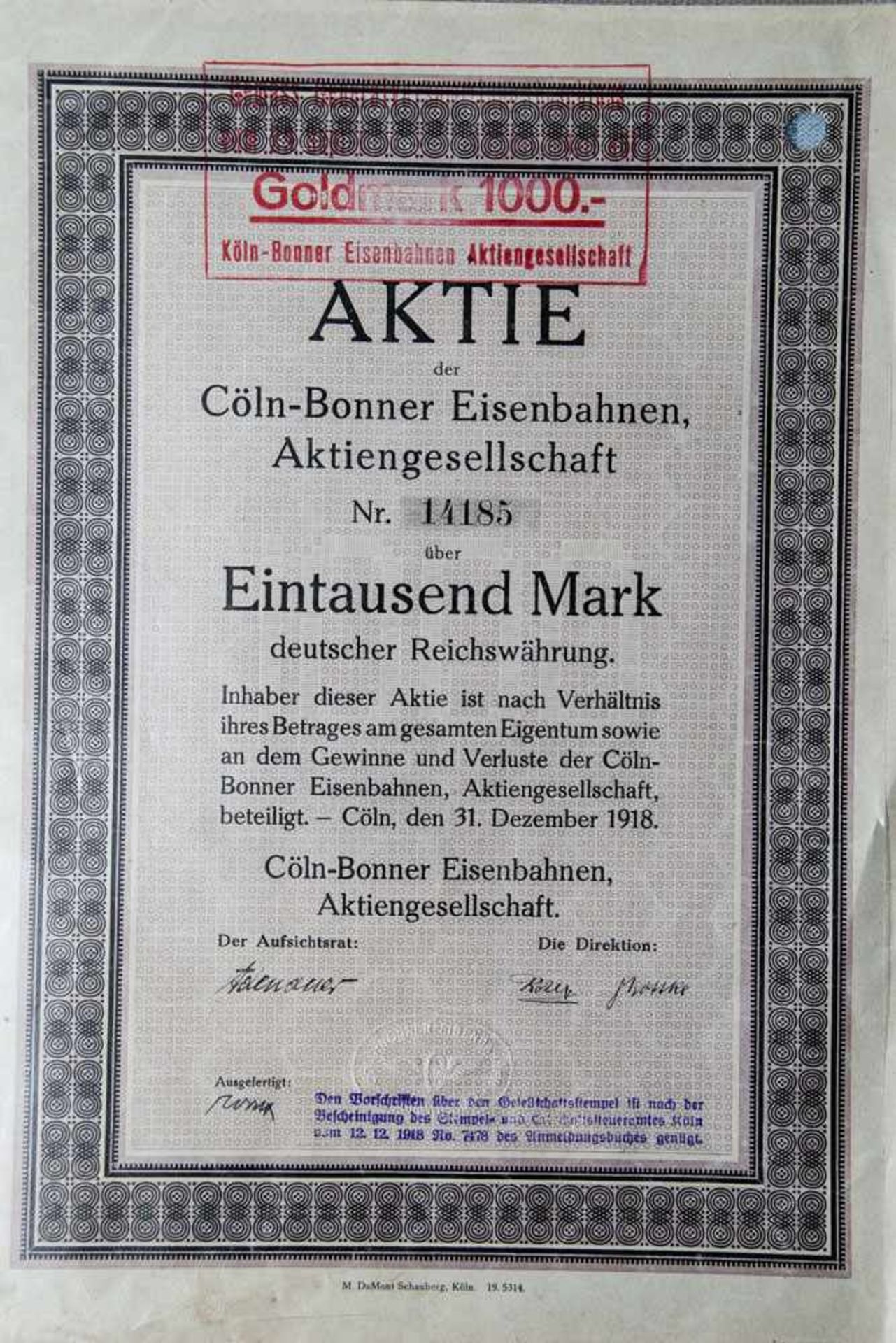 Aktie "Cöln-Bonner Eisenbahnen, Aktiengesellschaft", 1000 Mark deutscher Reichswährung, Mr. 14185,