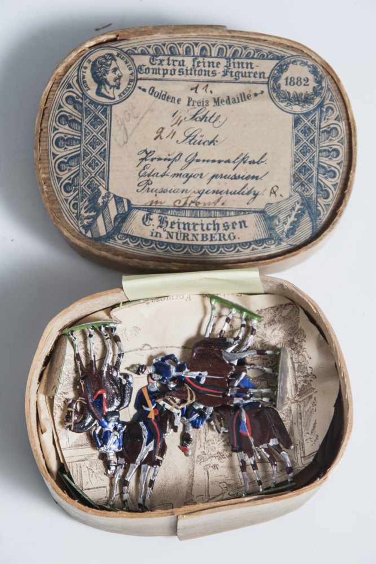 21 Zinnfiguren, "Preuß. Generalstab.", Ernst Heinrichsen, Nürnberg, Goldene Preis Medaille. In