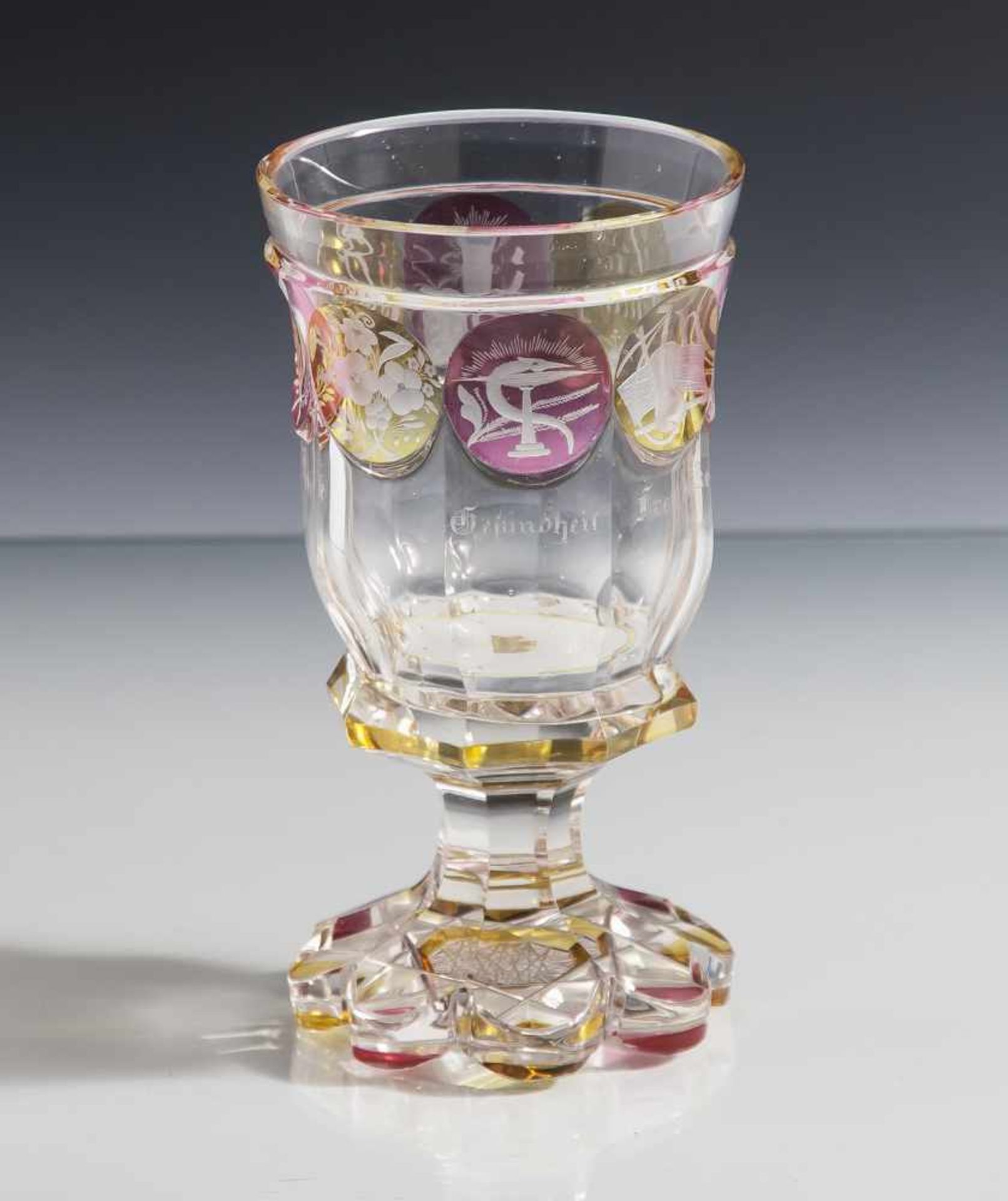 Freundschaftsbecher, Ranftbecher, Biedermeier, 1. Hälfte 19. Jahrhundert, farbloses Glas, partiell